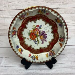 Vintage 1971 Daher Decorated Ware Round Scalloped Red Floral Tin Serving Tray